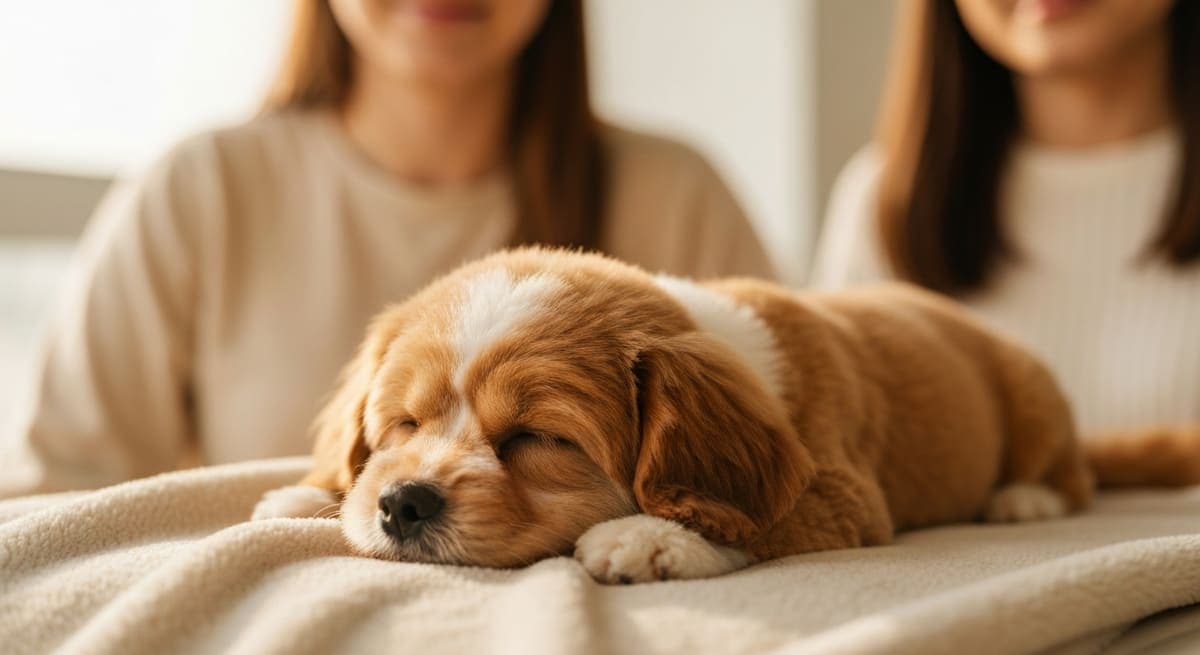 トリミング後に毛布の上で眠る子犬
