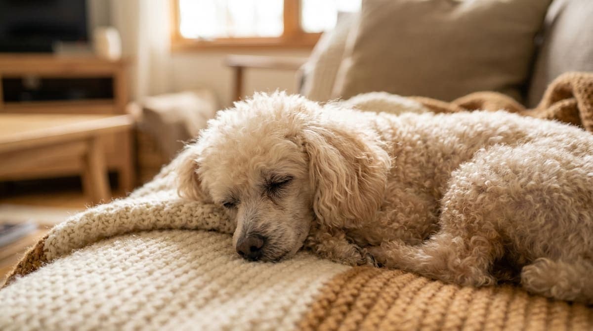 毛布の上で穏やかに眠る高齢の犬