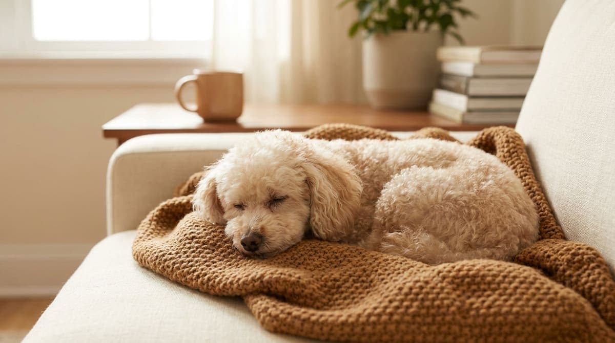 暖かい部屋で安心して休む高齢の犬