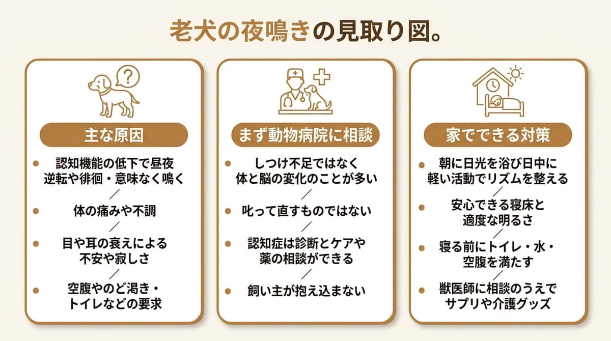 老犬の夜鳴きの主な原因・まず動物病院に相談・家でできる対策の要点を整理したカード型の図解