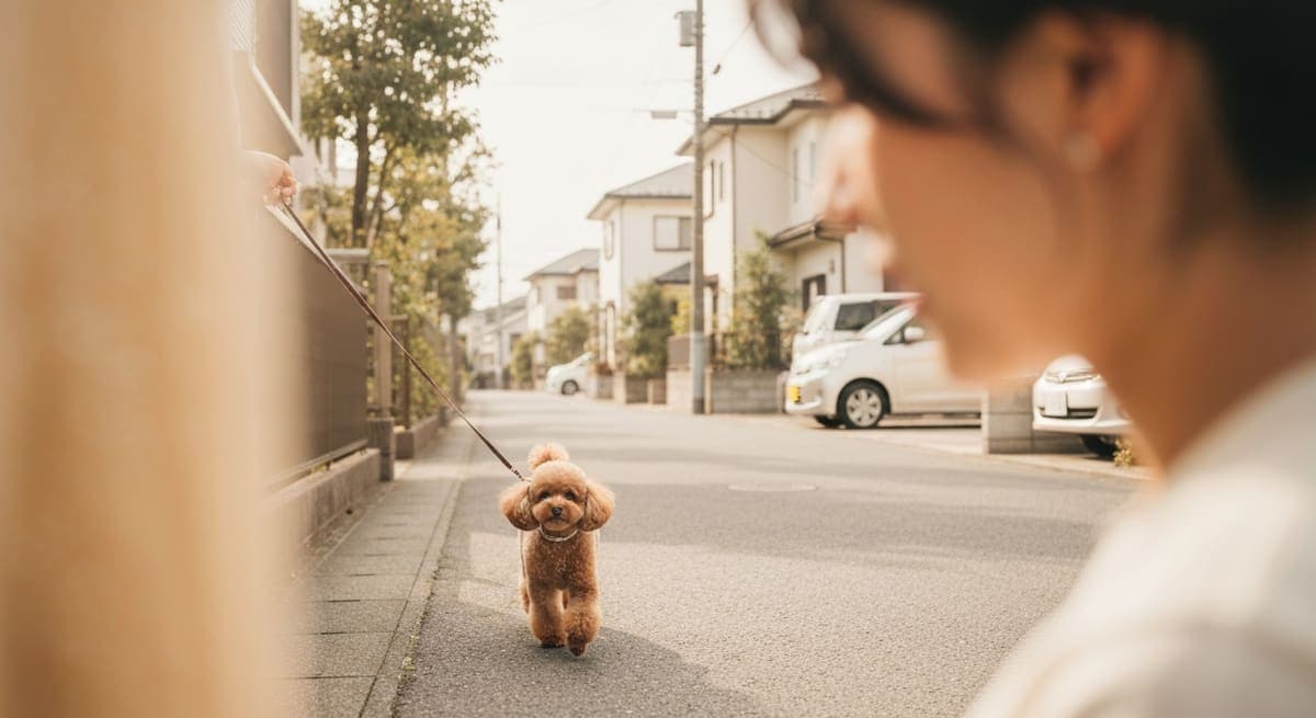 住宅街の通りを飼い主と散歩するトイプードル