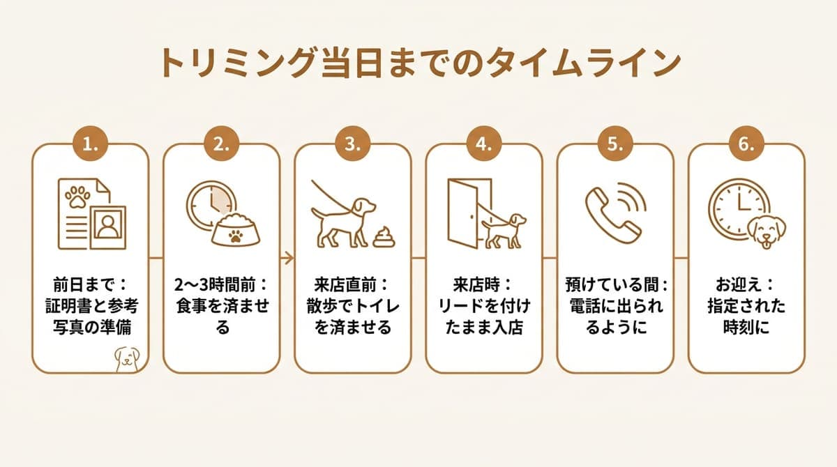 トリミング当日までの6つのステップをまとめたタイムラインの図解