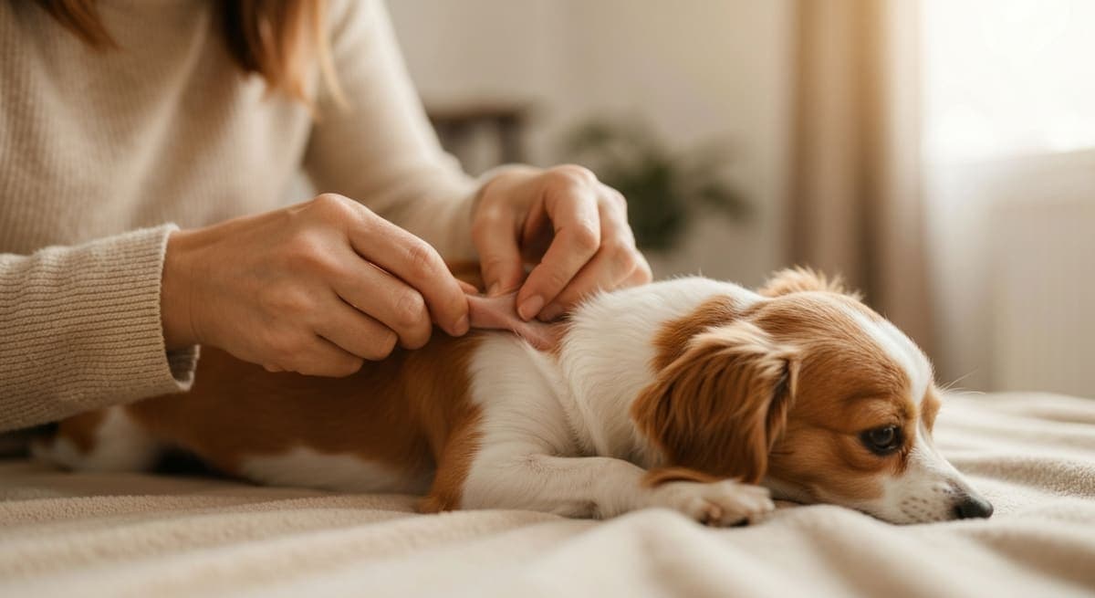 帰宅後、ソファでくつろぐ犬のそばに座って様子を見守る飼い主