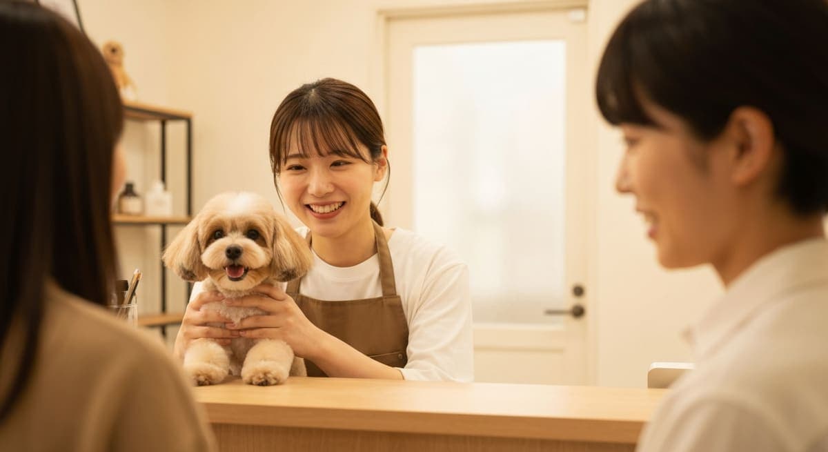 サロンの受付でトリマーがトリミング後の犬を飼い主に引き渡す様子