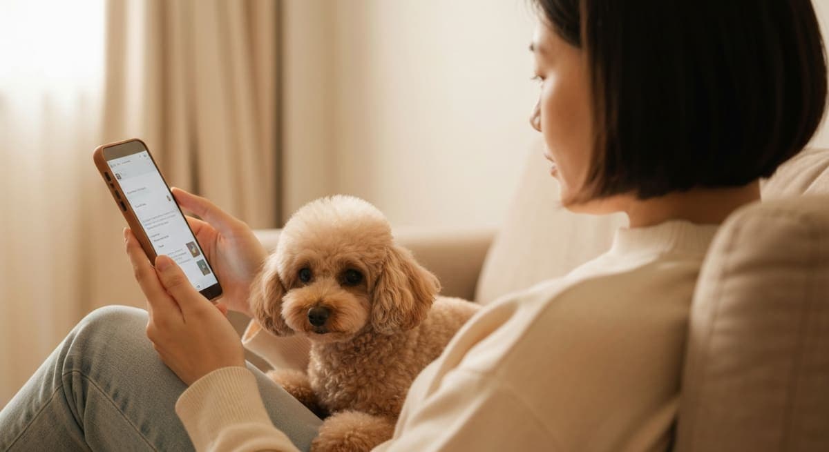 ソファでスマートフォンの画面を見る女性と隣に座るトイプードル