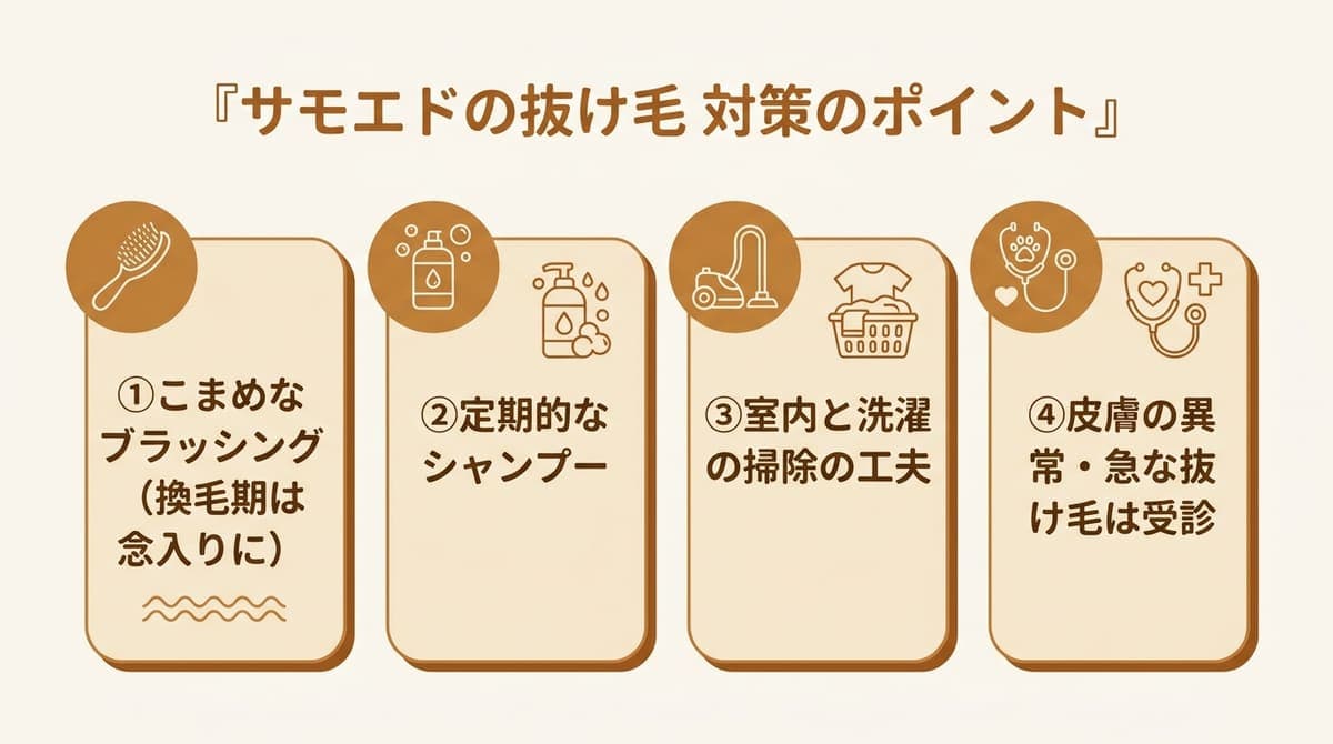 サモエドの抜け毛対策の観点(こまめなブラッシング・定期的なシャンプー・室内と洗濯の掃除・皮膚の異常は受診)をまとめたカード型の図解