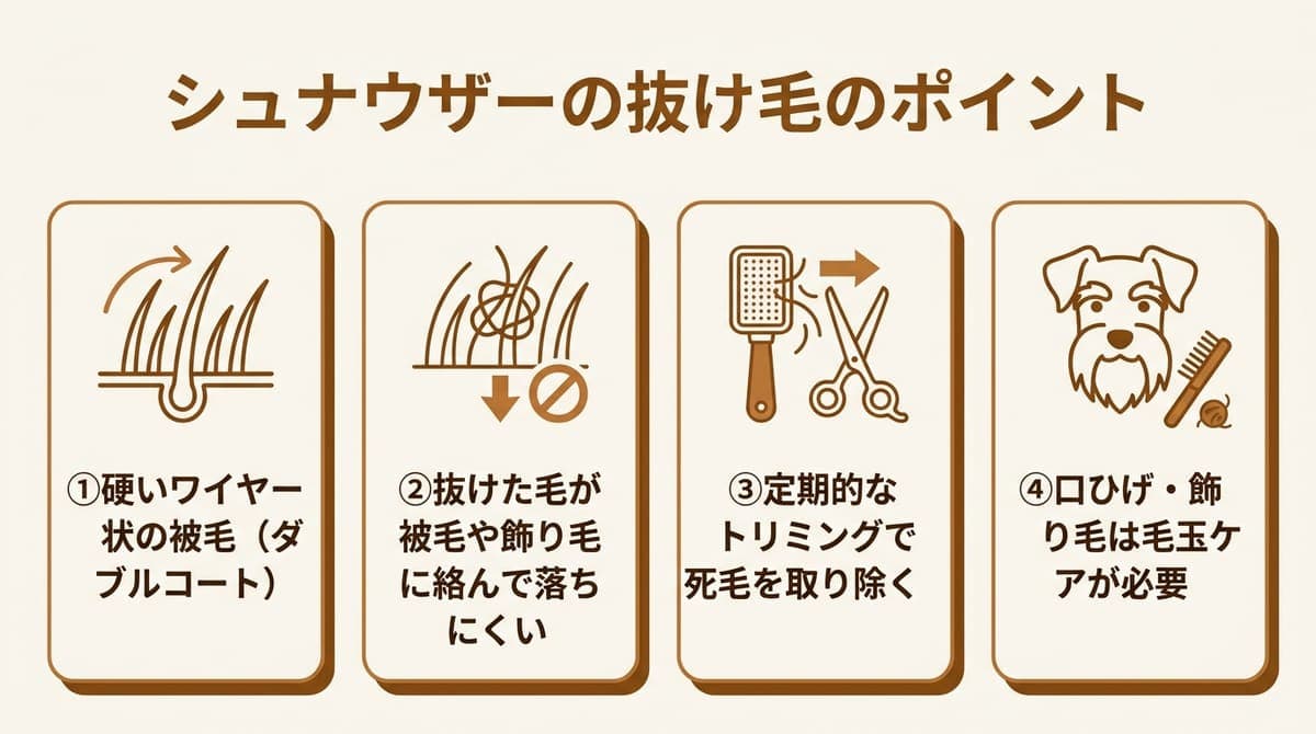 ミニチュアシュナウザーの抜け毛のポイント(ワイヤー状の被毛・抜けた毛が落ちにくい・定期トリミングで死毛を除く・飾り毛の毛玉ケア)をまとめたカード型の図解
