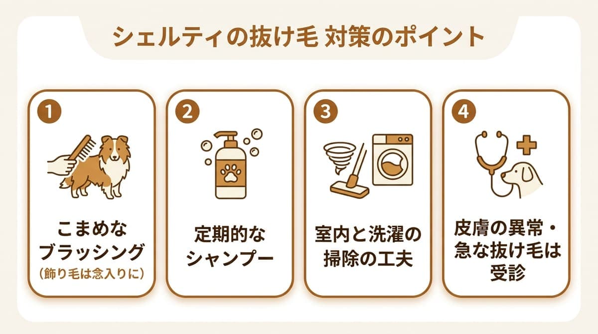 シェルティの抜け毛対策の観点(こまめなブラッシング・定期的なシャンプー・室内と洗濯の掃除・皮膚の異常は受診)をまとめたカード型の図解