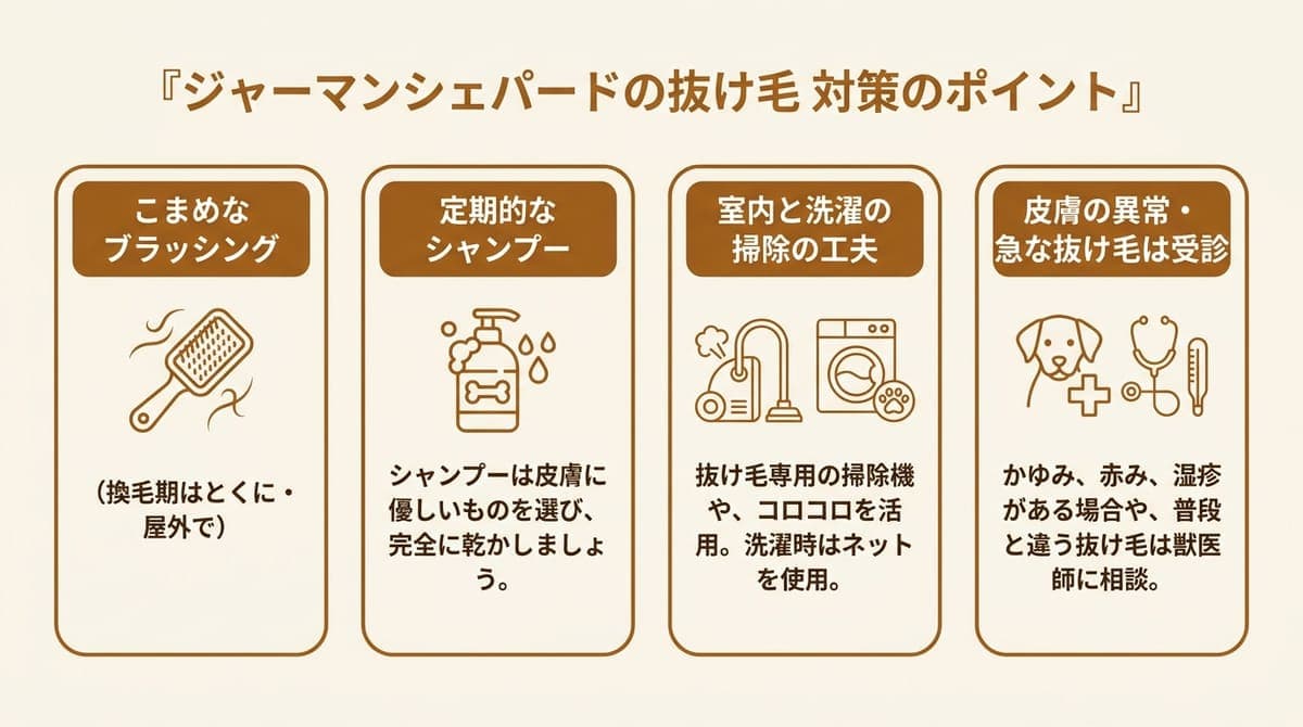 ジャーマンシェパードの抜け毛対策の観点(こまめなブラッシング・定期的なシャンプー・室内と洗濯の掃除・皮膚の異常は受診)をまとめたカード型の図解