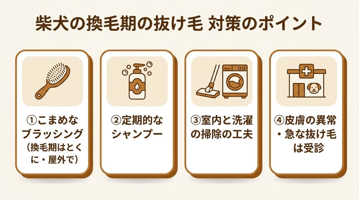 柴犬の換毛期の抜け毛対策の観点(こまめなブラッシング・定期的なシャンプー・室内と洗濯の掃除・皮膚の異常は受診)をまとめたカード型の図解
