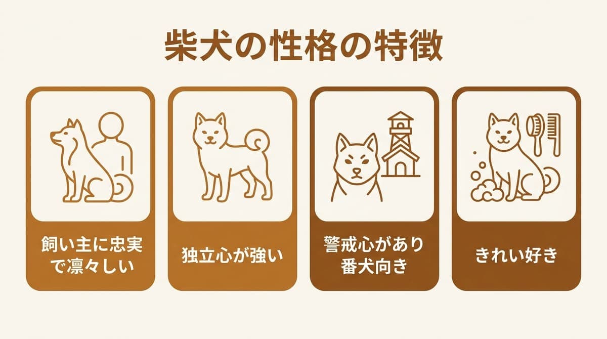 柴犬の性格の特徴(忠実・独立心が強い・警戒心がある・きれい好き)をまとめたカード型の図解