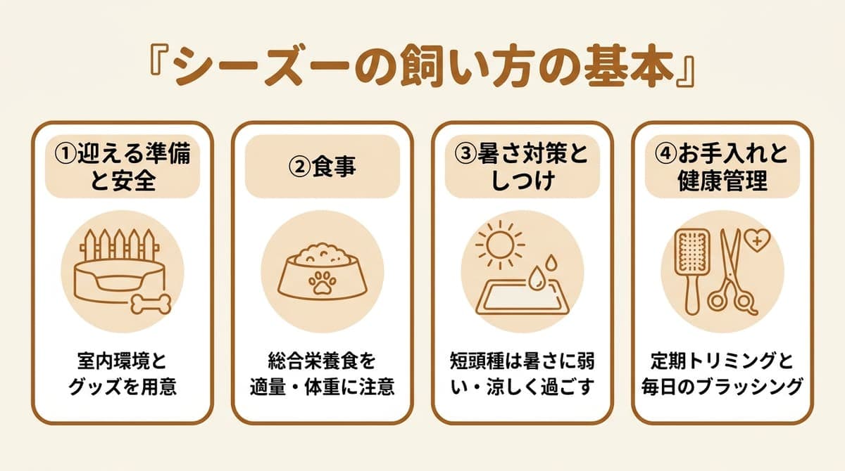 シーズーの飼い方の基本(迎える準備・食事・暑さ対策と運動・お手入れと健康管理)をまとめたカード型の図解
