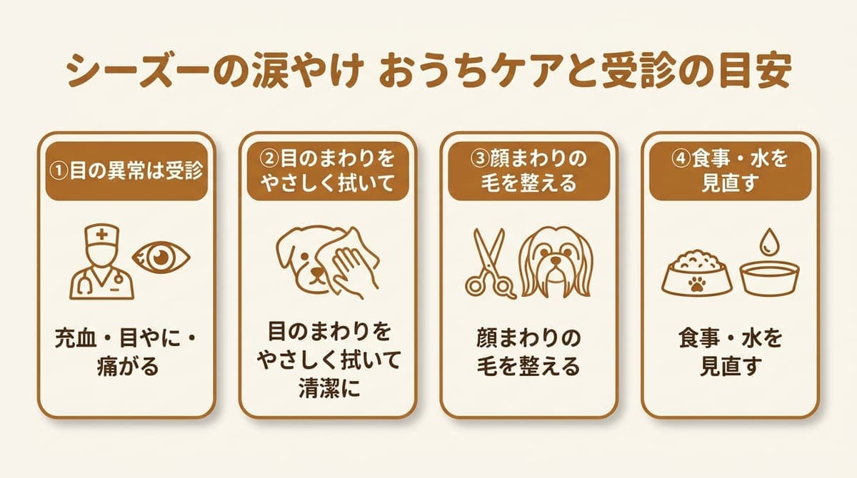 シーズーの涙やけケアの観点(やさしく拭く・顔まわりの毛を整える・食事と水を見直す・目の異常は受診)をまとめたカード型の図解