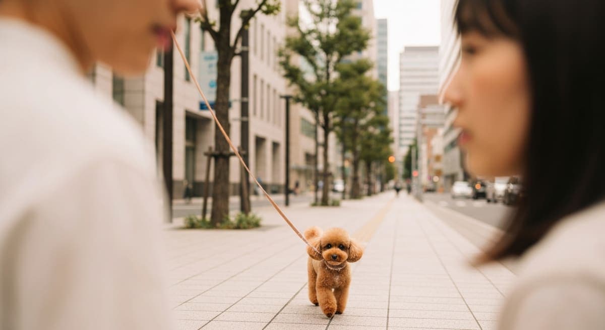 ビル街の並木道を飼い主と散歩するトイプードル