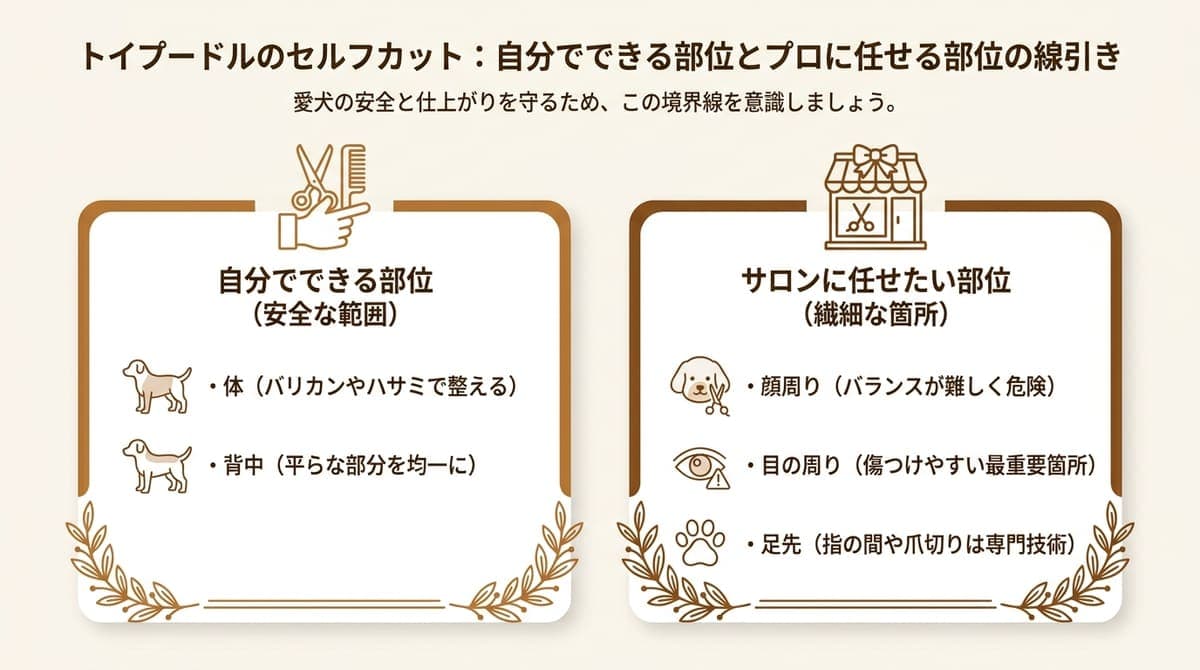 トイプードルのセルフカットで自分でできる部位(体・背中)とサロンに任せたい部位(顔周り・目の周り・足先)の線引きをまとめたカード型の図解
