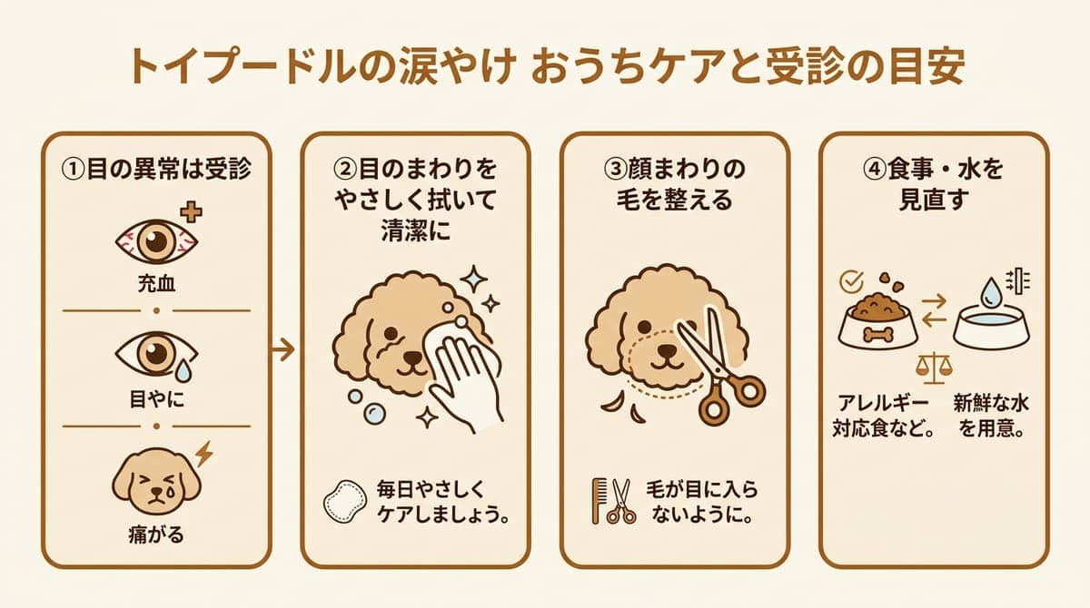 トイプードルの涙やけケアの観点(目の異常は受診・やさしく拭いて清潔に・顔まわりの毛を整える・食事と水を見直す)をまとめたカード型の図解