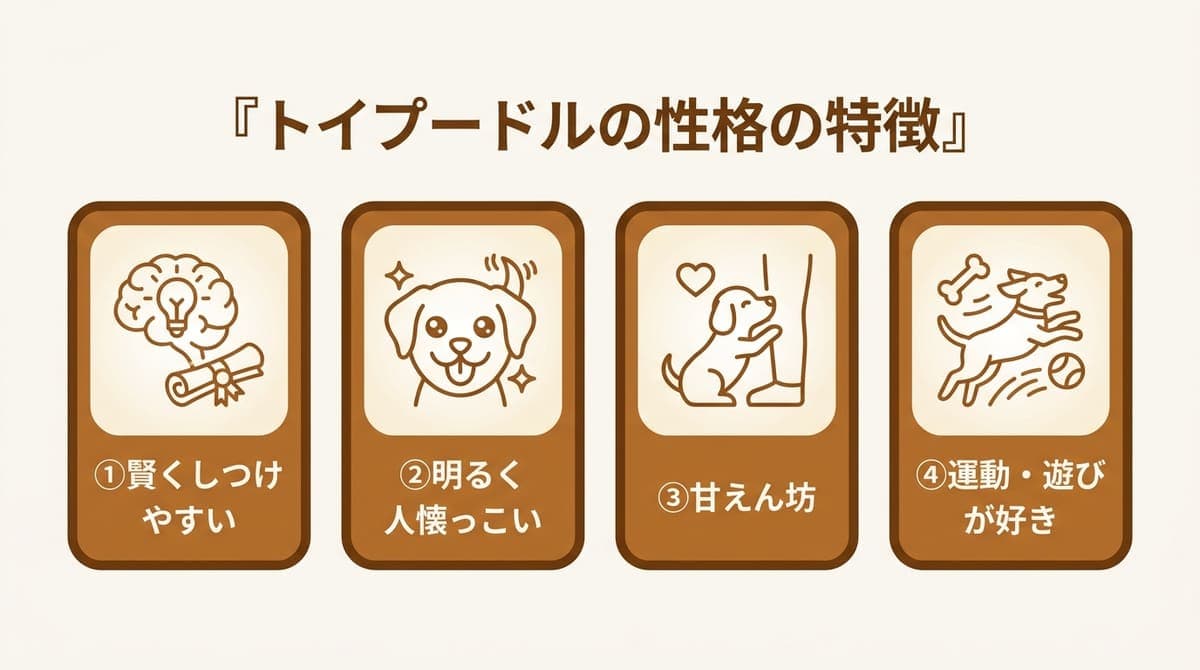 トイプードルの性格の特徴(賢い・明るく人懐っこい・甘えん坊・運動好き)をまとめたカード型の図解