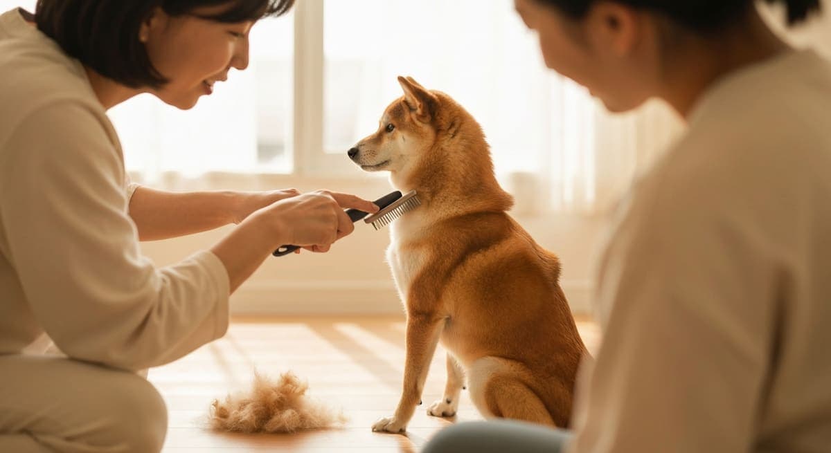 自宅でブラッシングされる柴犬と床にまとまった抜け毛