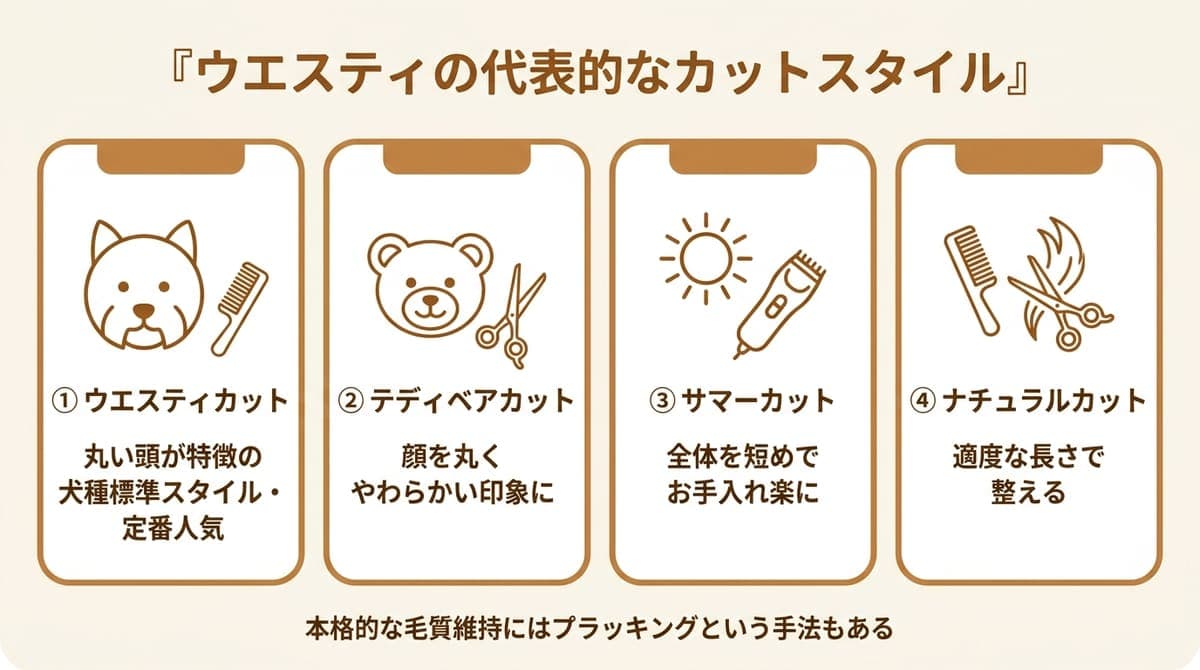 ウエスティの代表的なカットスタイル(ウエスティカット・テディベアカット・サマーカット・ナチュラルカット)の特徴をまとめたカード型の図解