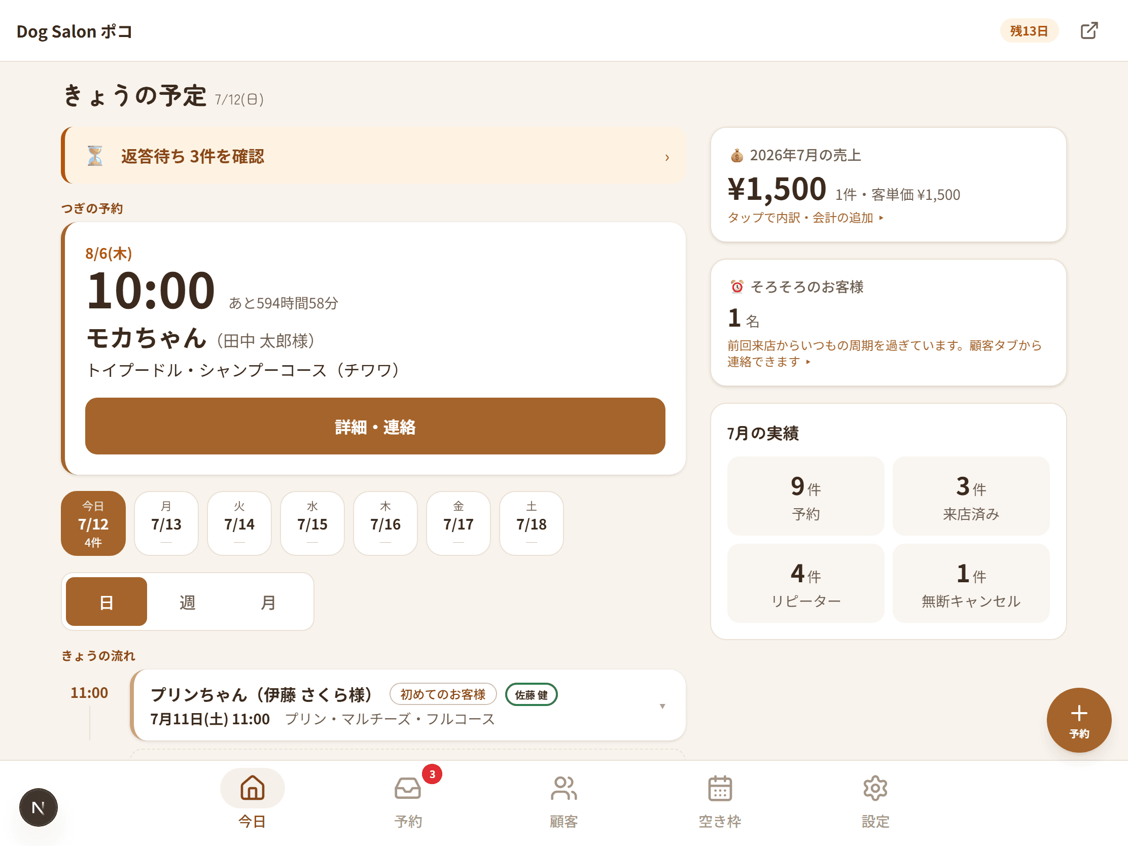 タブレット横持ちの今日タブ。左に今日の予定、右に売上とそろそろのお客様と月間実績